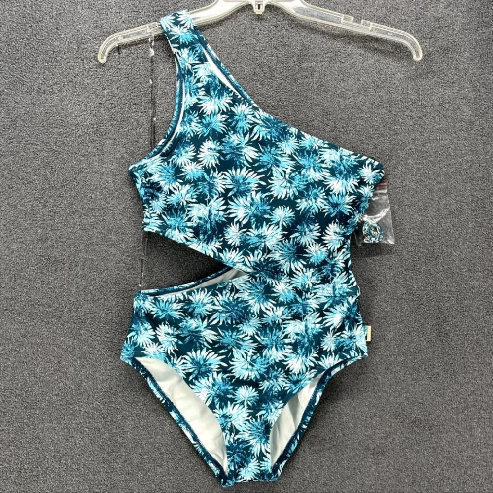 Michael Kors Turquoise Floral One Shoulder Cut Out One Piece Swimsuit Size 10